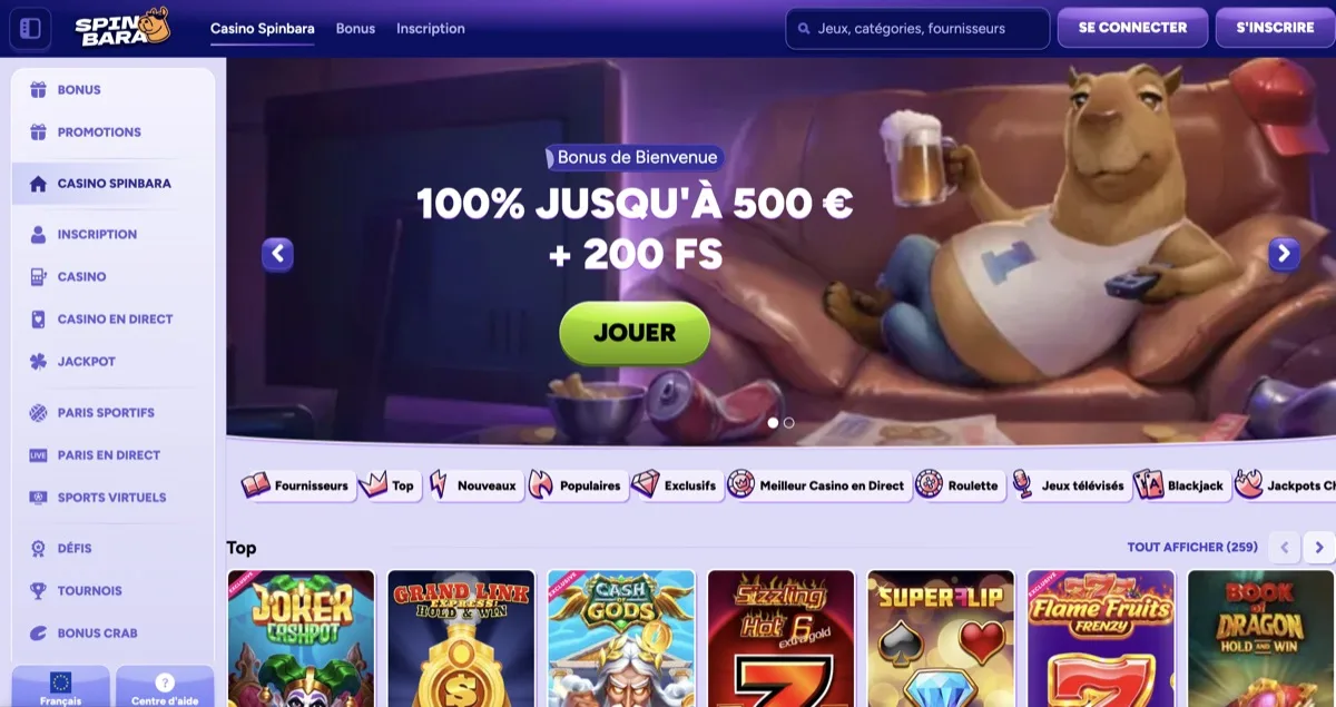 Screenshot Spinbara casino en ligne retrait immédiat multi-blockchain